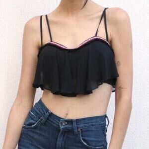 Bebe Black Tribal Embroidered with Black Fringe Bustier Top with Sheer Overlay